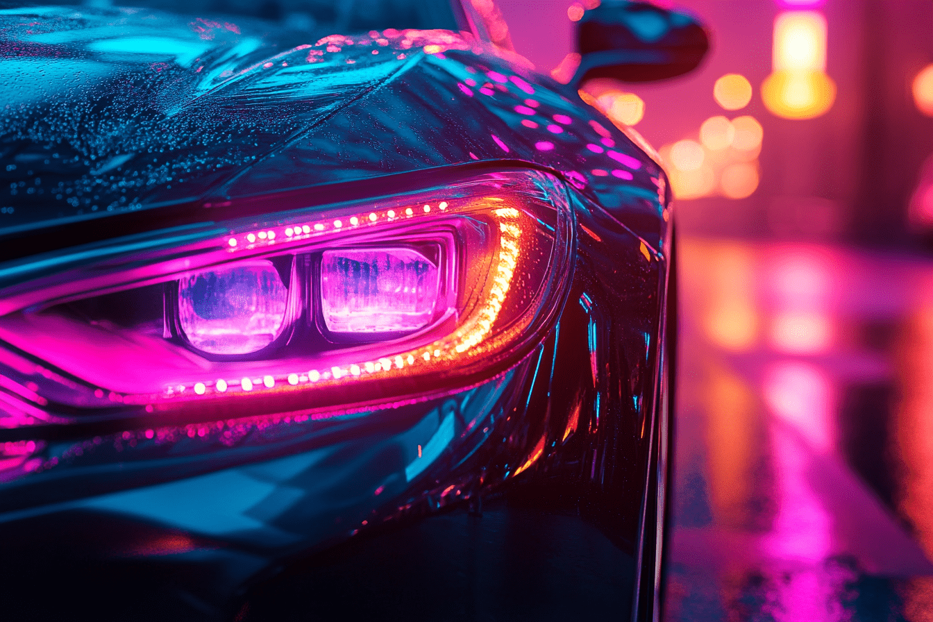 Une voiture de sport foncée avec des phares teintés roses élégants, en gros plan, où on devine un décor urbain de nuit sous des néons.