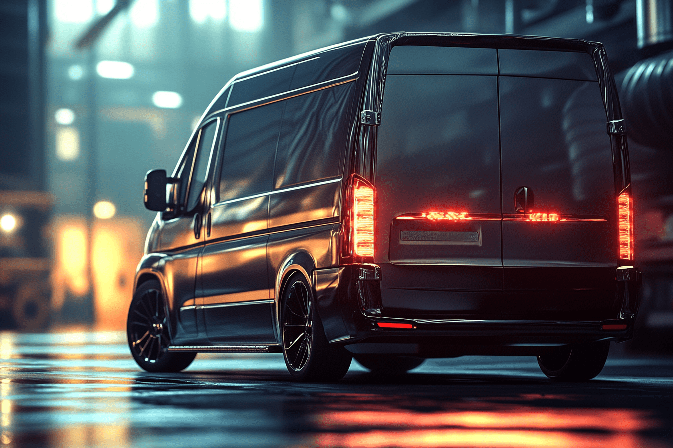Une camionnette noire moderne avec des phares teintés sombres, garé dans un environnement naturel avec des montagnes en arrière-plan.
