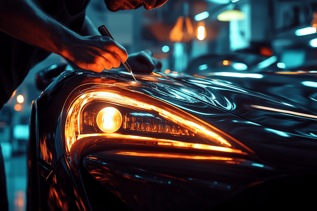 Un technicien applique un film teinté sur un phare de voiture dans un atelier professionnel, avec précision et outils modernes.